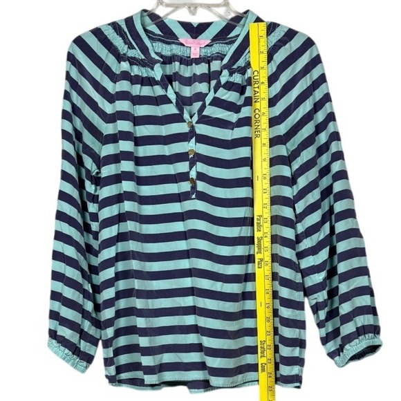 LILLY PULITZER 100% Silk Elsa Blue Striped Quarter Sleeve Blouse, Size Medium - Picture 4 of 8